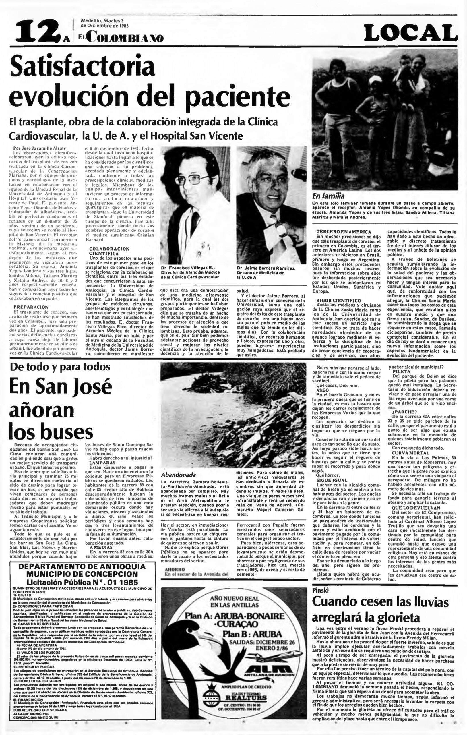 Así documentó el periódico El Colombiano la evolución del paciente el 3 de diciembre de 1985.